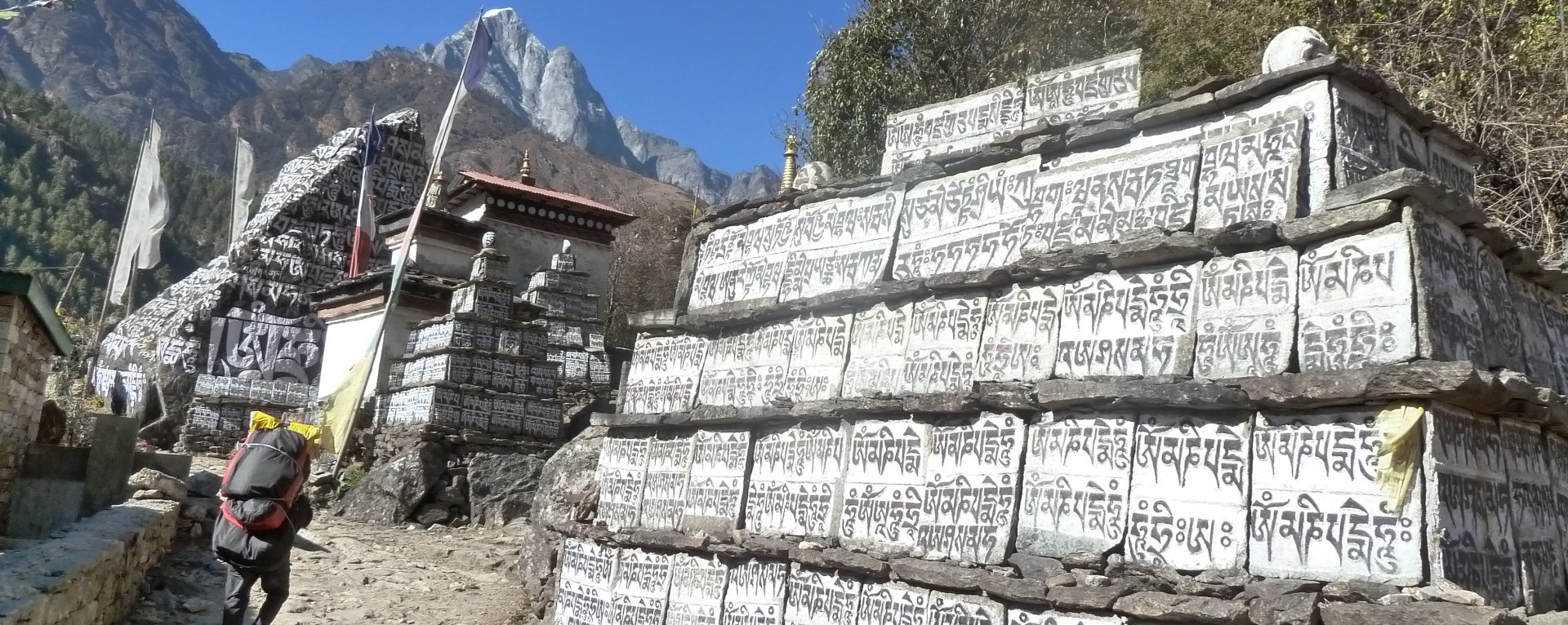Buddhist stupas and mane walls on Everest base camp trail